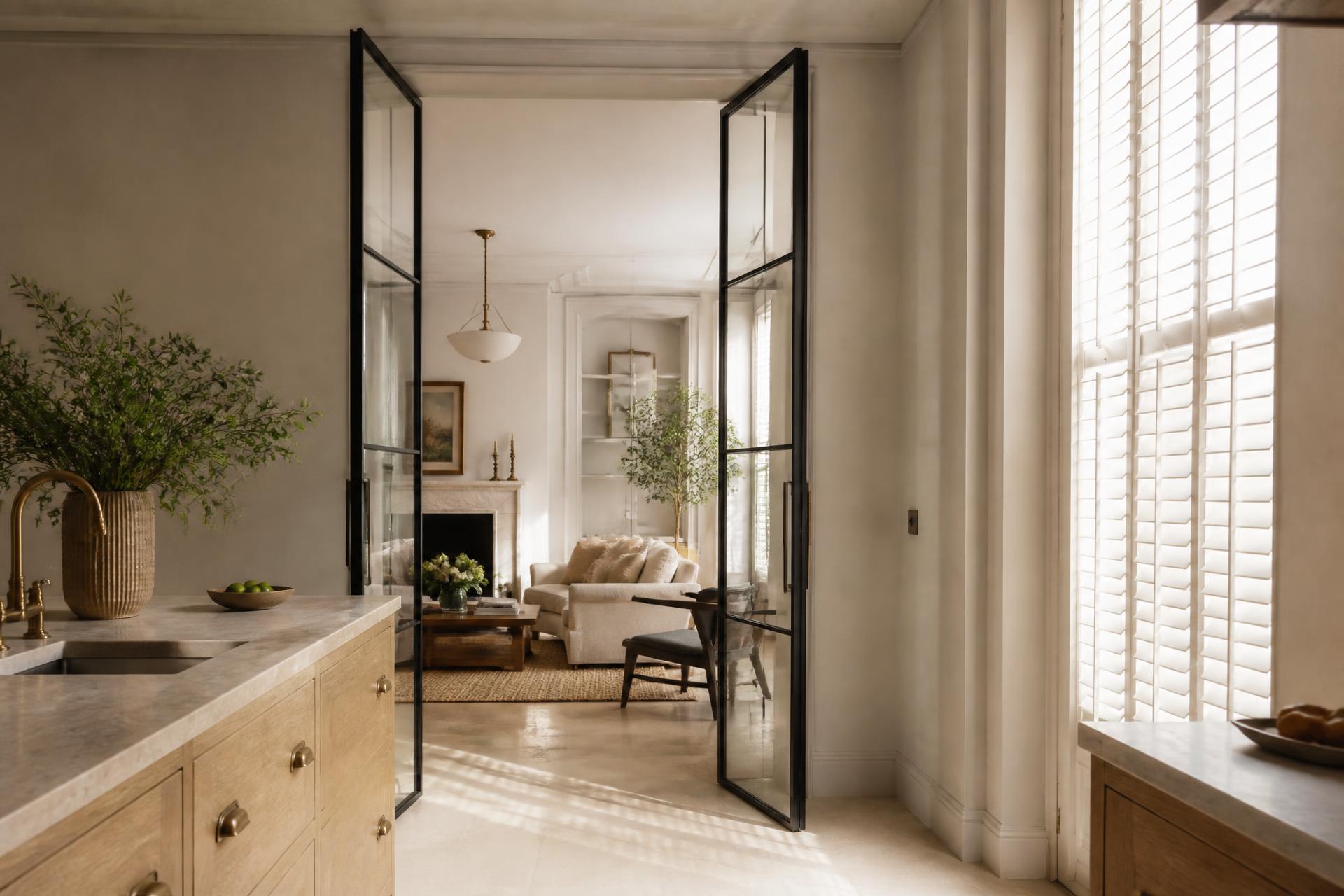 Bespoke steel doors and plantation shutters in a refined London home