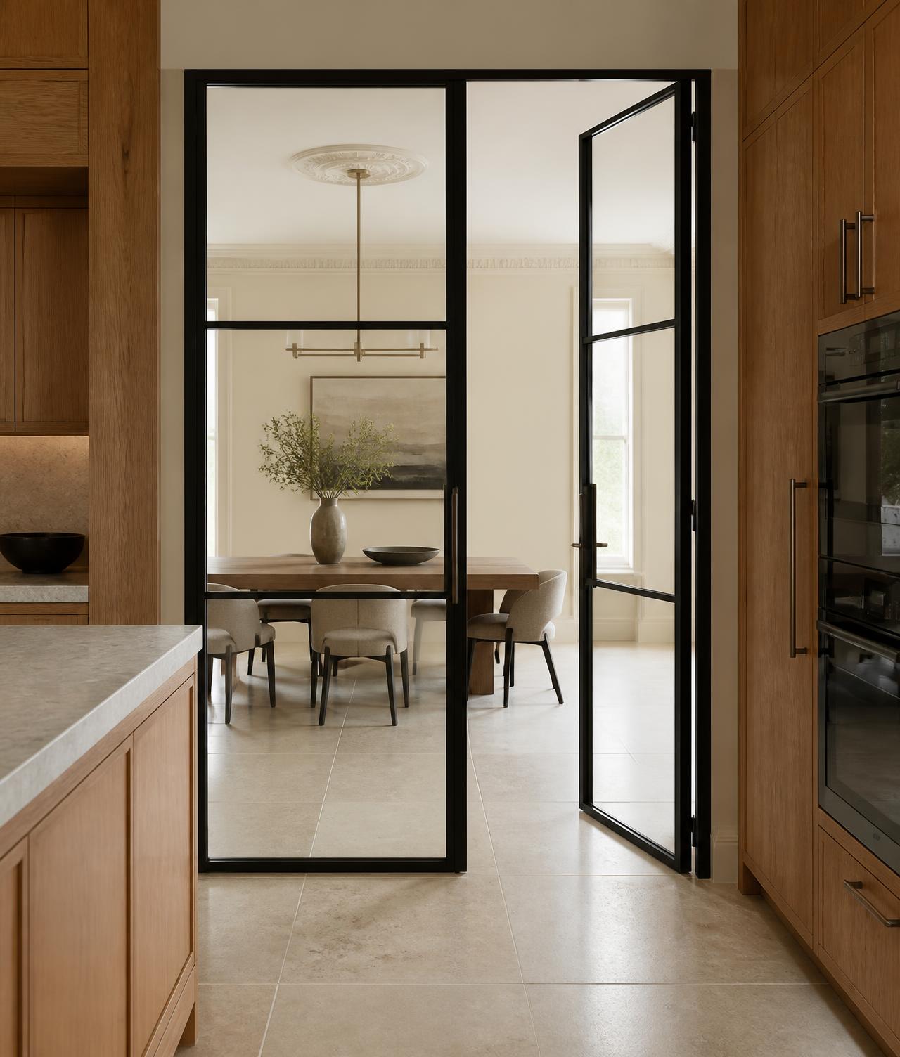Black slimline steel doors between a kitchen and dining room